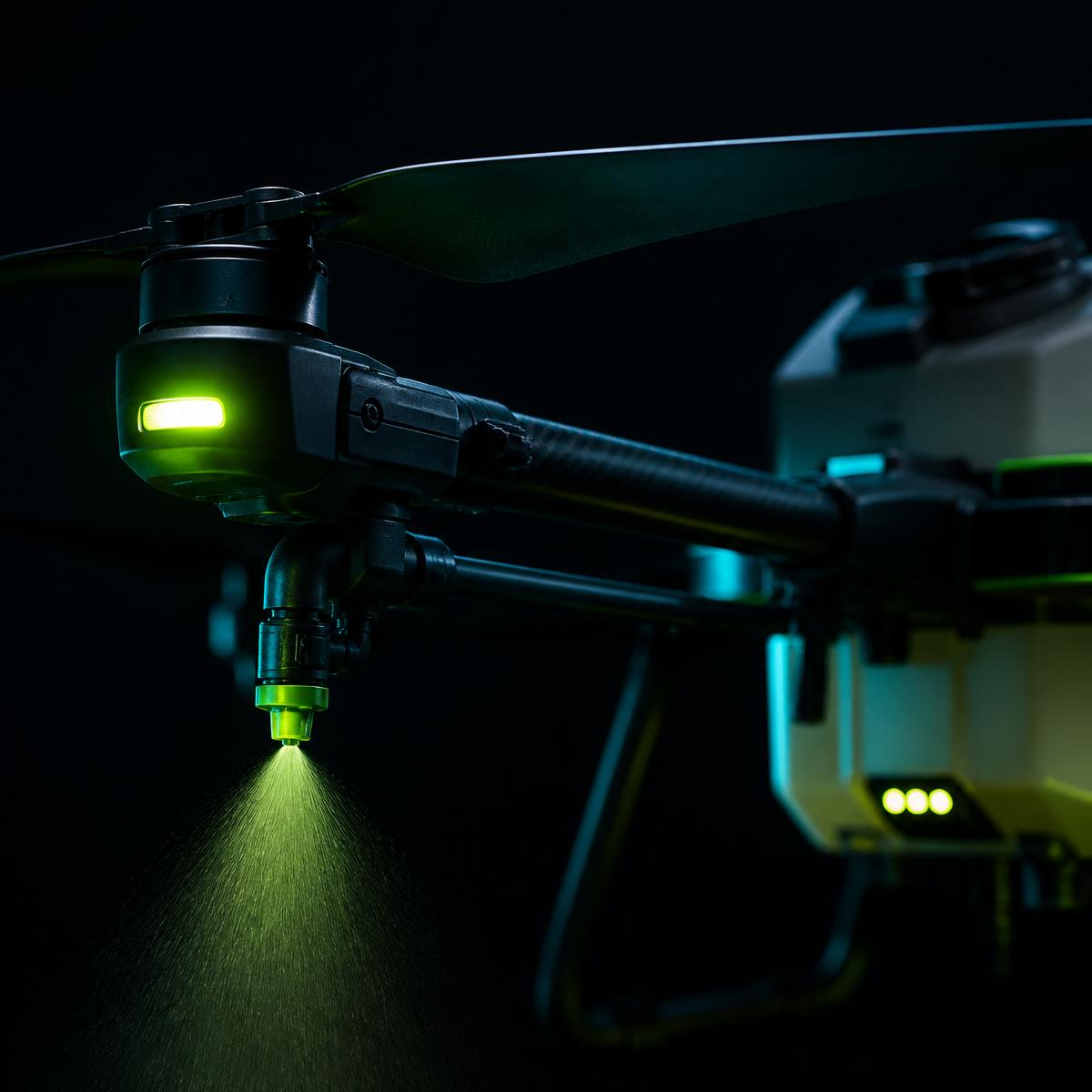Detalhe do bico de pulverização de um drone agrícola