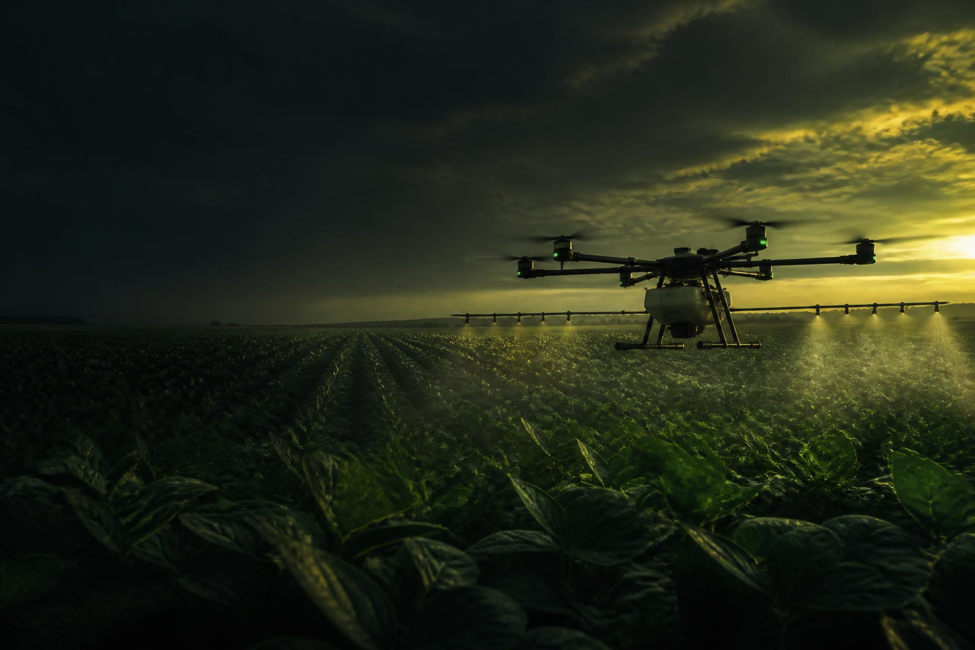 Drone agrícola pulverizando lavoura ao entardecer